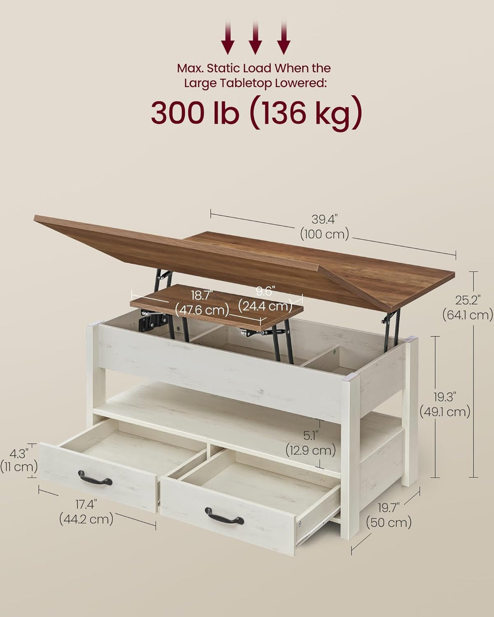 VASAGLE Coffee Table Lift Top, 3 in 1 Center Table with Storage, Gas Spring, ...