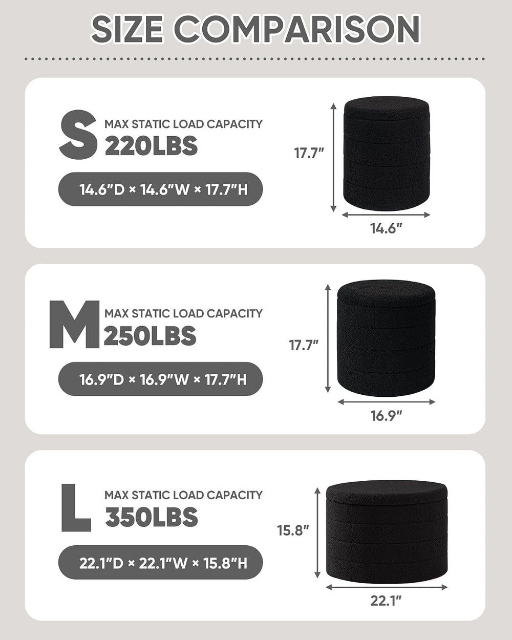 PINPLUS Compact Round Folding Storage Ottoman, Black Boucle Footstool