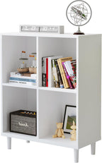 Wood Cube Storage Organizer White Bookshelf - 2-Tier Freestanding Storage Cabinet with Legs for Home Office, 4-Cubes Open Shelf