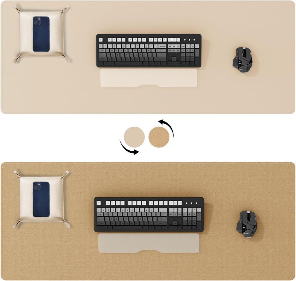 DAWNTREES Dual Sided Desk Mat,Leather Desk Pad,47.2''x15.8'',Cork Desk Mat Protector,with PU Leather Valet Tray Organizer,Large Mouse Pad,Desk Writing Pad for Office and Home(Khaki)
