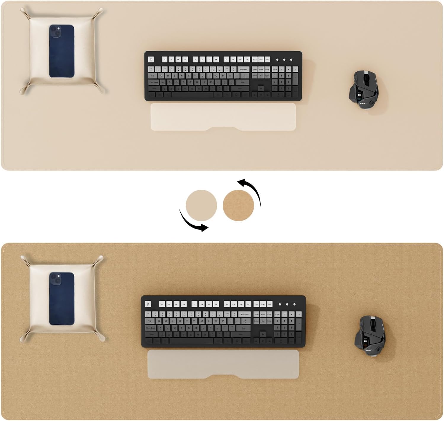 DAWNTREES Dual Sided Desk Mat,Leather Desk Pad,47.2''x15.8'',Cork Desk Mat Protector,with PU Leather Valet Tray Organizer,Large Mouse Pad,Desk Writing Pad for Office and Home(Khaki)