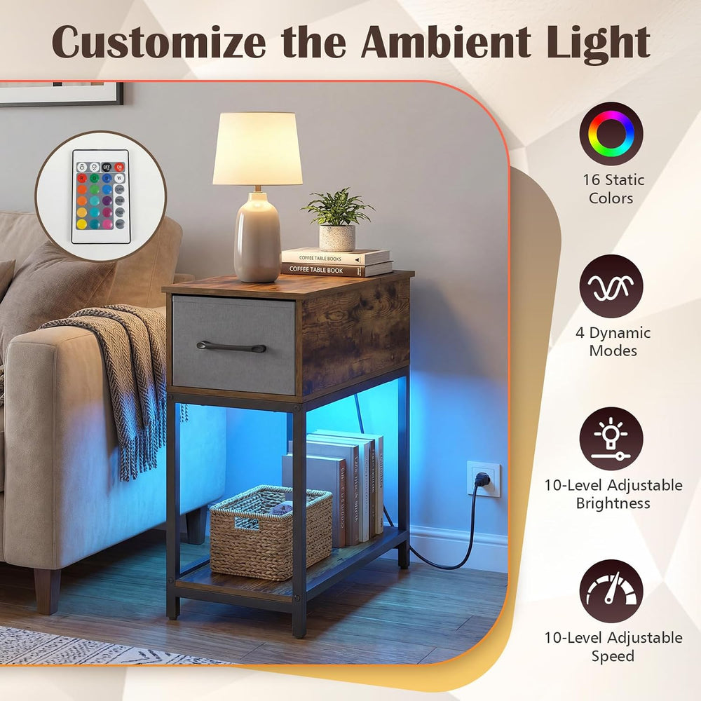 GOFLAME LED End Table with Hidden Charging Station, Narrow Compact Sofa Side ...
