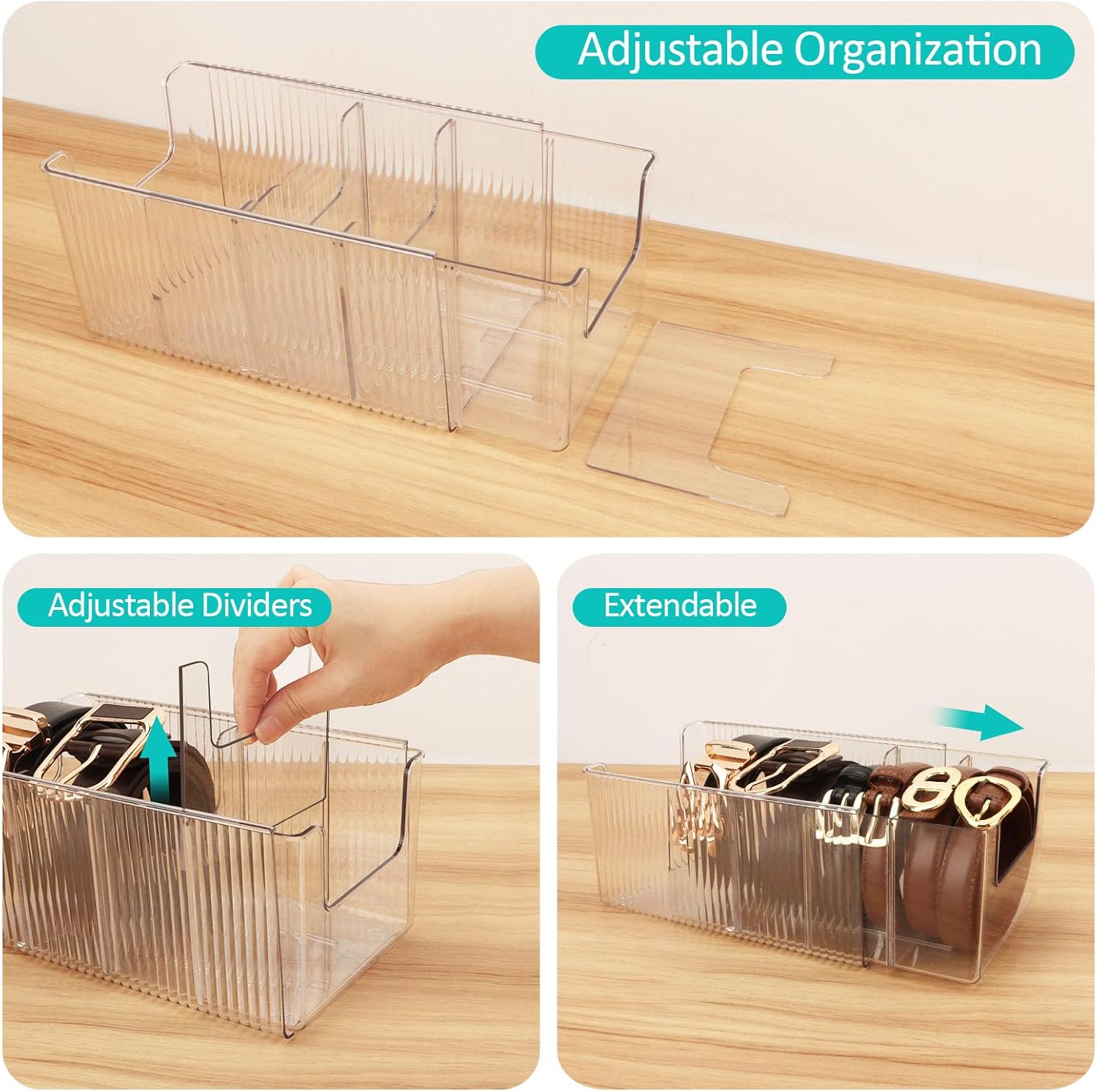 Clear Belt Organizer, Extendable Acrylic Belt Storage Holder with Adjustable Dividers, Belts Storage Container for Drawer and Closet Organization