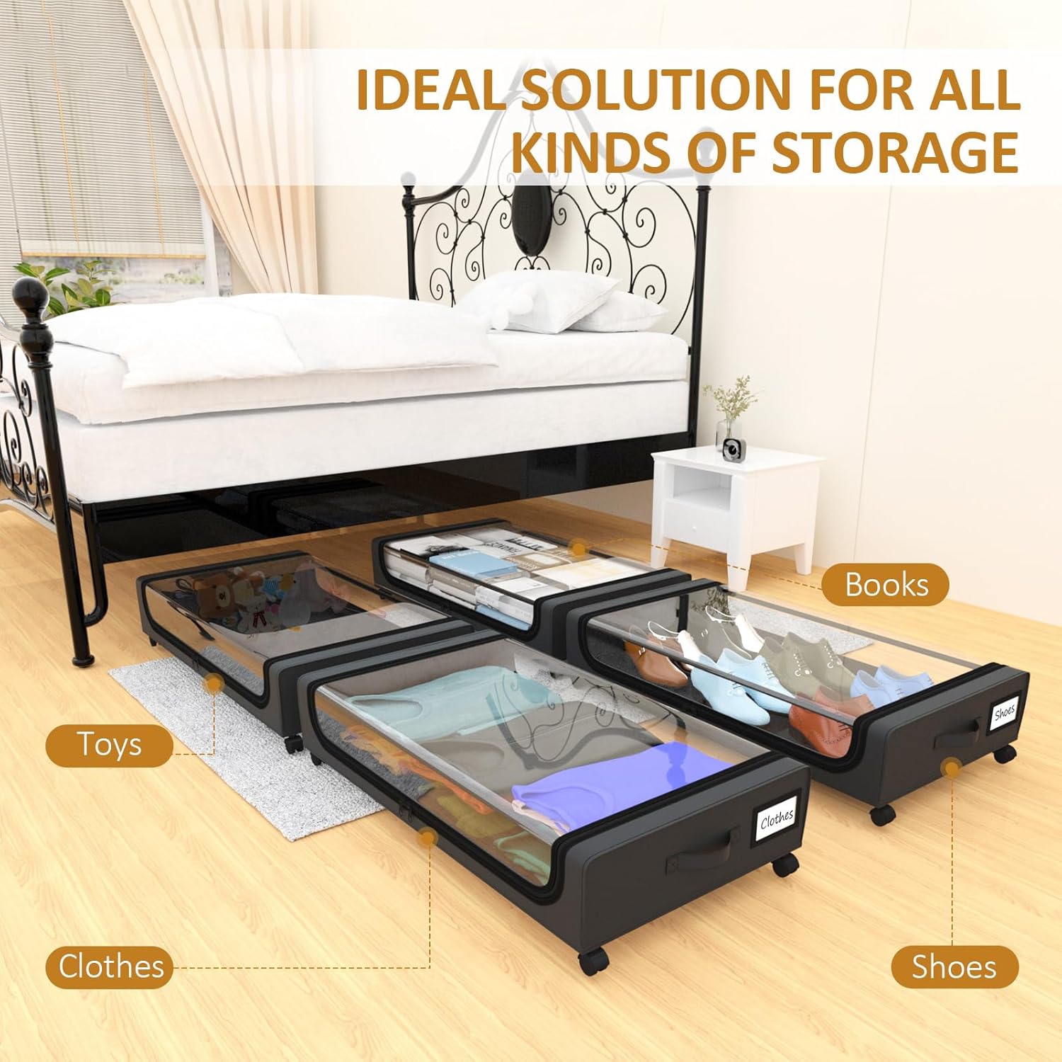 Large Under Bed Storage with Wheels, Under Bed Storage Containers, Under Bed Shoe Storage Organizer, Rolling Underbed Storage Containers for Bedroom Clothes Shoes Blankets, 2 Pack, Black