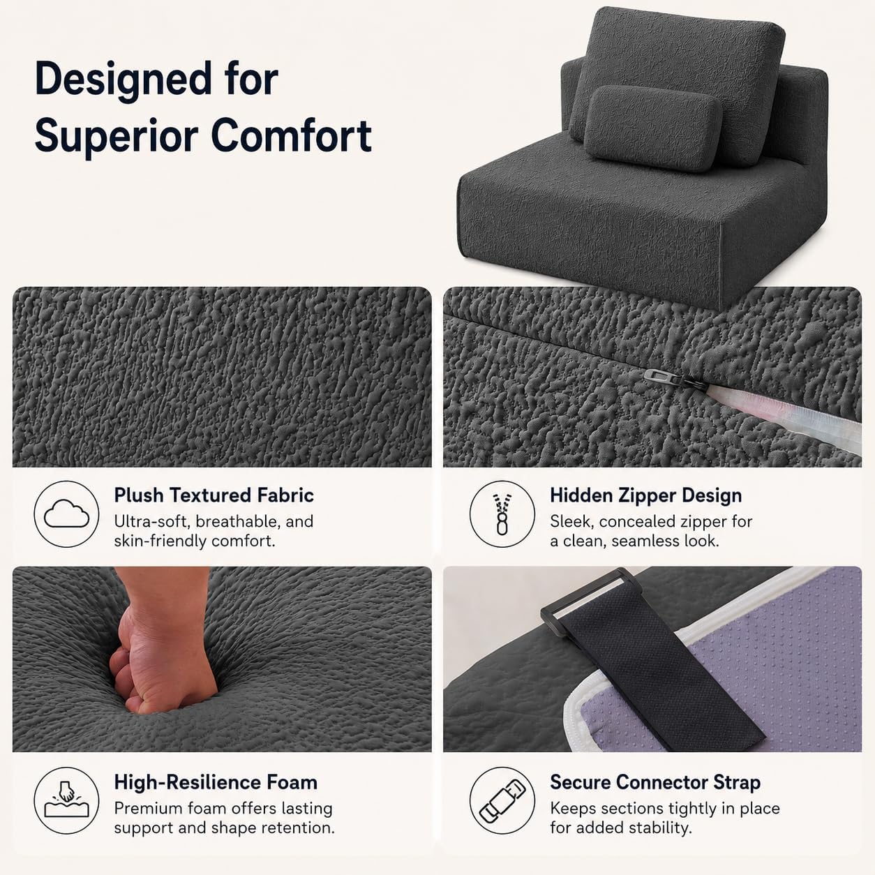 Floor Sofa Chair, Boneless Couch Single-Seater for No Assembly | 32" Deep Seat Compressed Foam Lounge Chair with Back Pillow and Side Pillow | Chenille | Memory Foam | Dark Gray