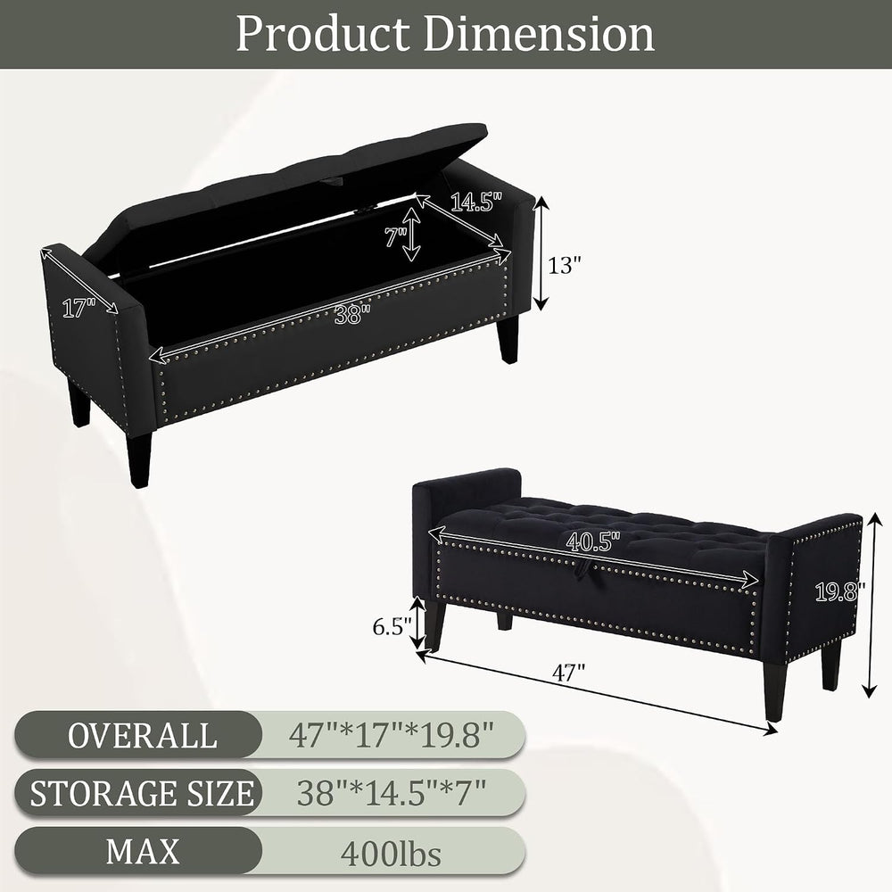 47in Velvet Storage Ottoman Bench with Arms, Upholstered Storage Bench with W...