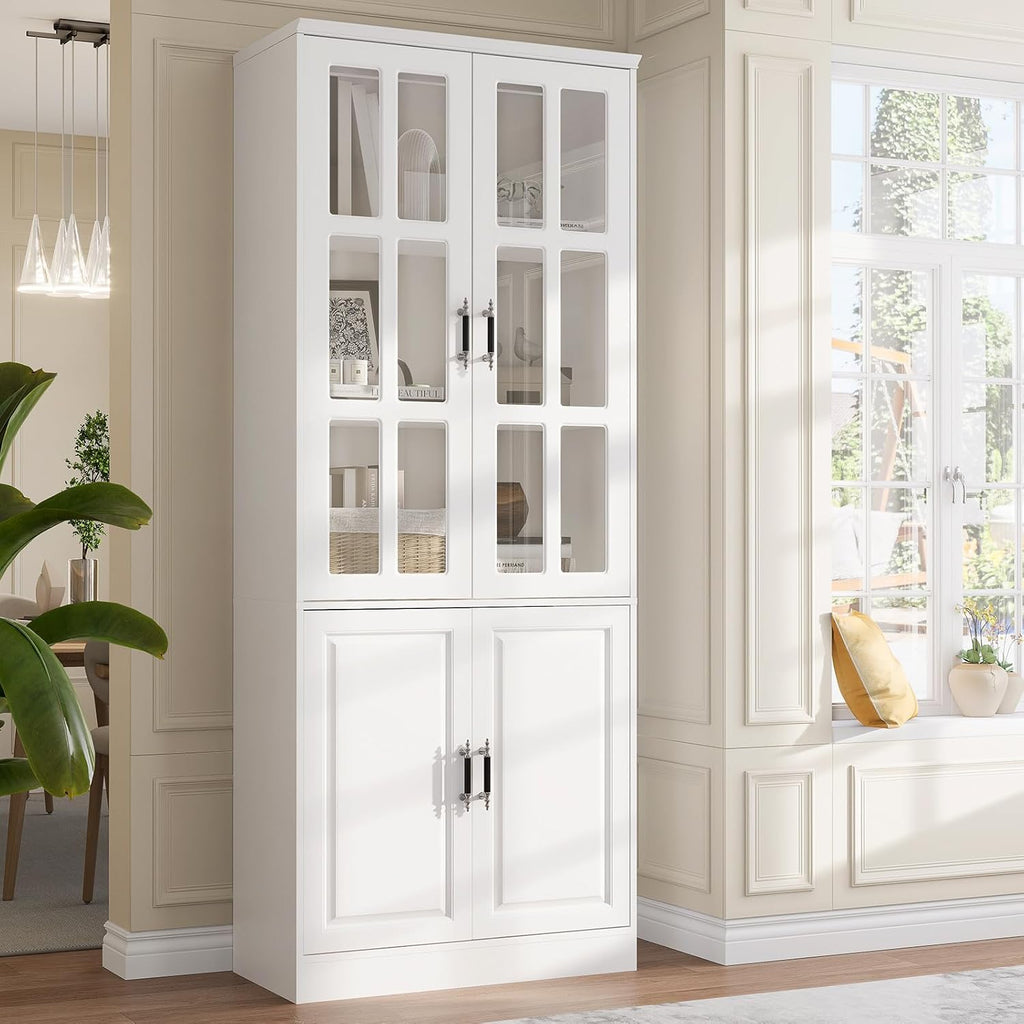 MEISSALIVVE Kitchen Pantry Storage Cabinet with LED Lights, 78.7" Tall with Glass Doors & Drawers, Freestanding Utility Cabinet, White (31.5" W x 15.7" D)