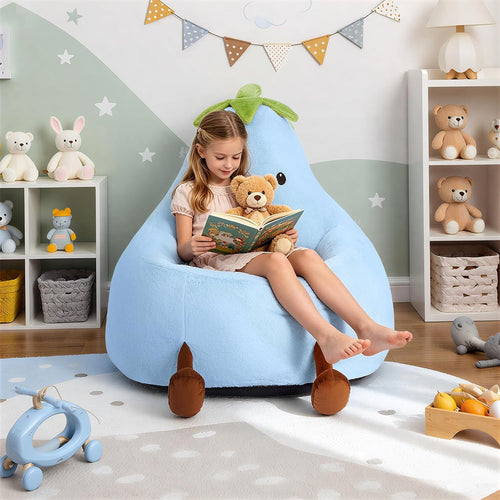 2FT Memory Foam Bean Bag Chair - Ultra Soft Faux Rabbit Fur Round Sofa with Handle & Machine Washable Cover, Comfy Lazy Chair for Kids Teens, Perfect for Reading Gaming in Living Room Bedroom, Blue