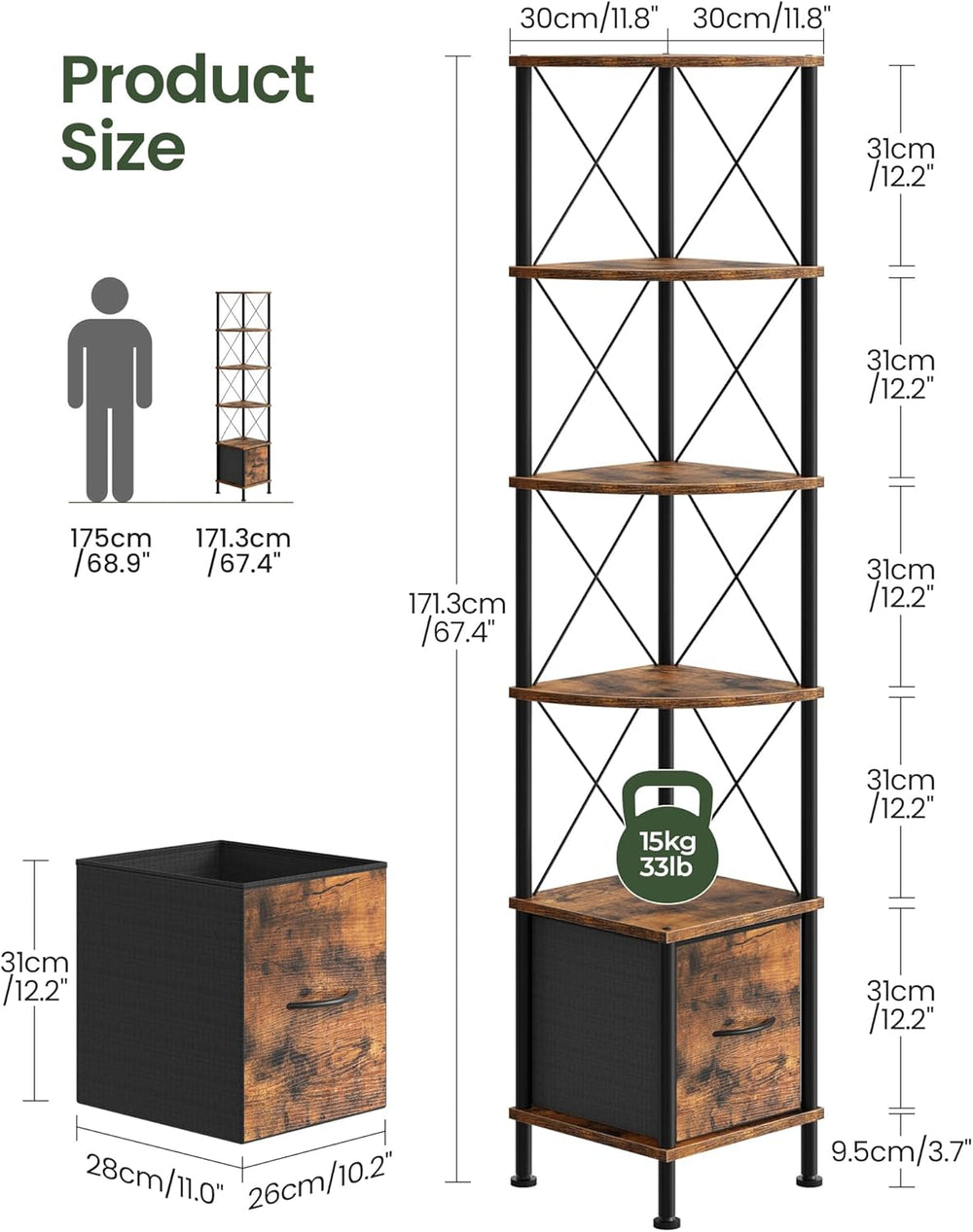 CHOEZON Corner Shelf with Drawer, Narrow Corner Bookshelf, Standing Bookcase,...