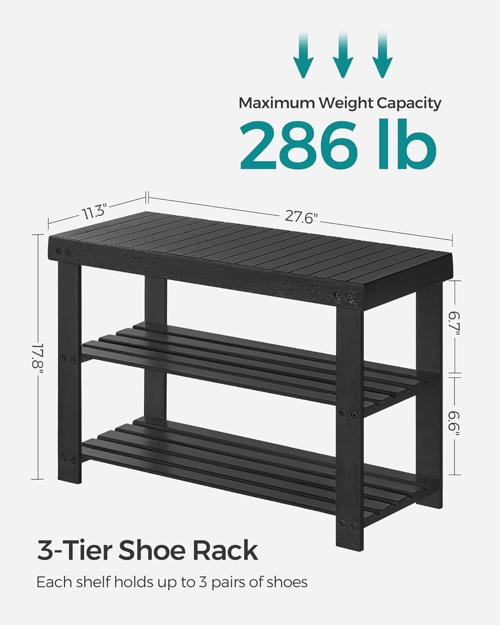 SONGMICS Shoe Rack Bench, 3-Tier Bamboo Shoe Storage Organizer, Entryway Benc...