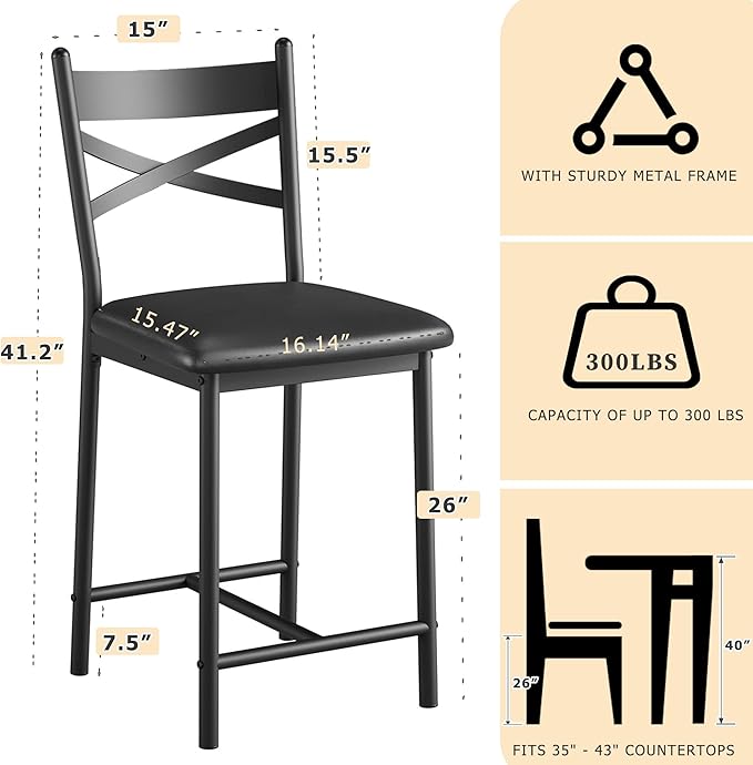 GarveeHome Bar Stools Set of 4, Counter Height Bar Chairs with Back and Thick Cushion, Upholstered Dining Chairs with Padded Seat, Barstools for Kitchen Island, Bar, Dining Room, Modern Black