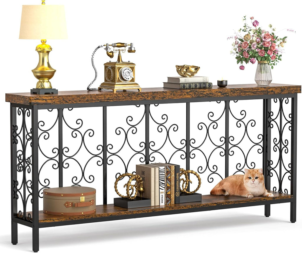 ikkle 70.9" Narrow Sofa Table Behind Couch with 2-Tier Storage Shelf. | Industrial Console Table with Auspicious Cloud Design and Premium Water-Resistant Wood Finish.Fit for Entryway, Living Room.
