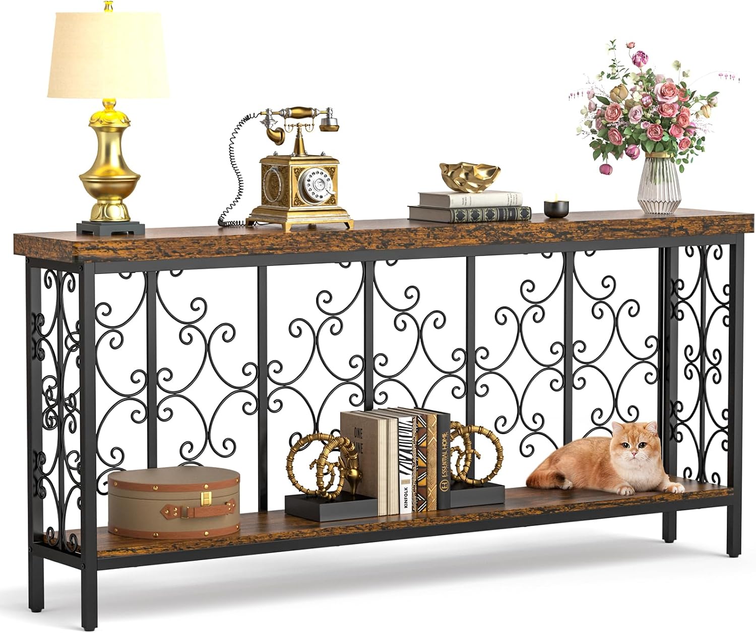 ikkle 70.9" Narrow Sofa Table Behind Couch with 2-Tier Storage Shelf. | Industrial Console Table with Auspicious Cloud Design and Premium Water-Resistant Wood Finish.Fit for Entryway, Living Room.