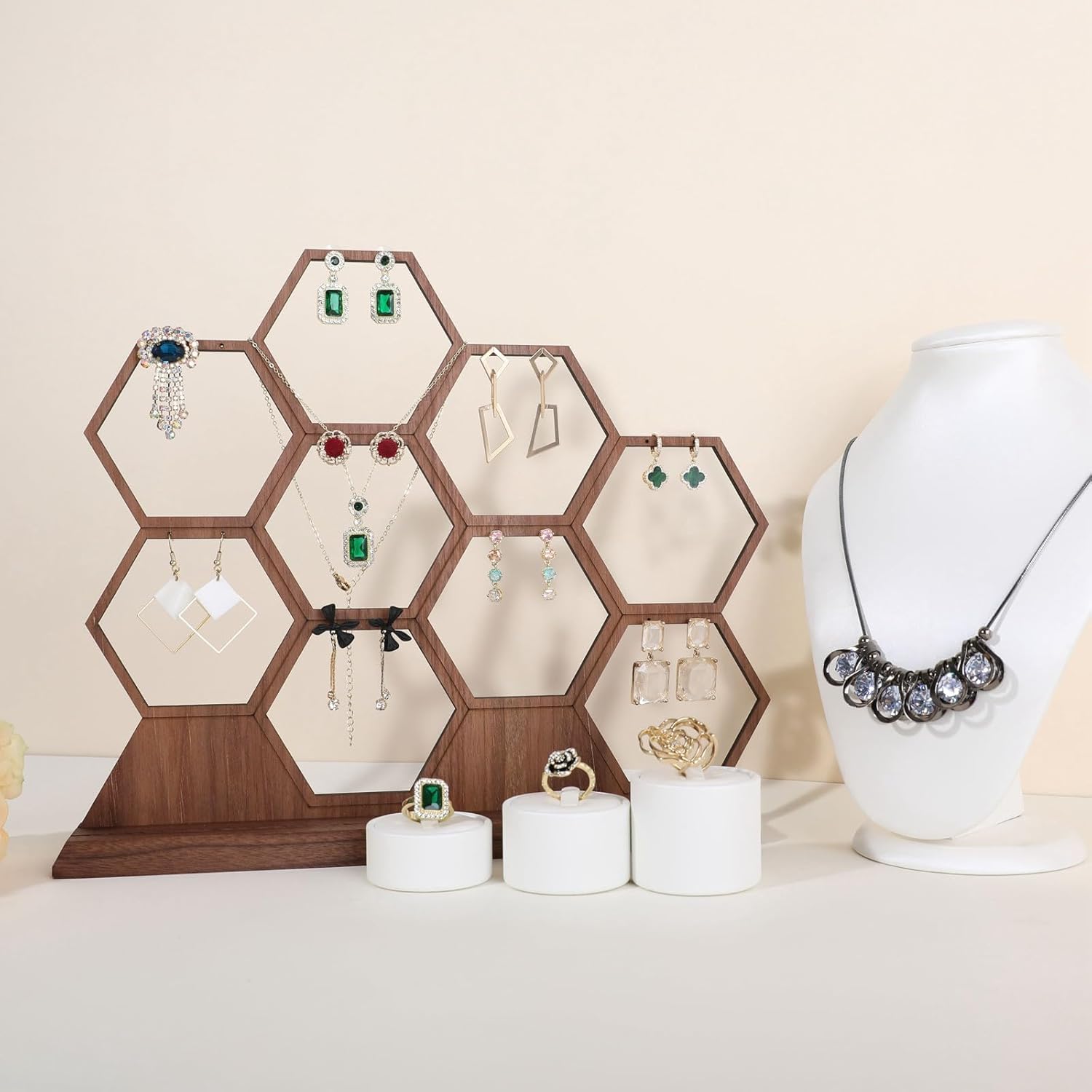 GemeShou hexagonal jewelry earring display stands for selling, wooden necklace jewelry organizer hanging, walnut earring hanger dangle holder for show, home decor【Jewelry shelf-Hexagon】