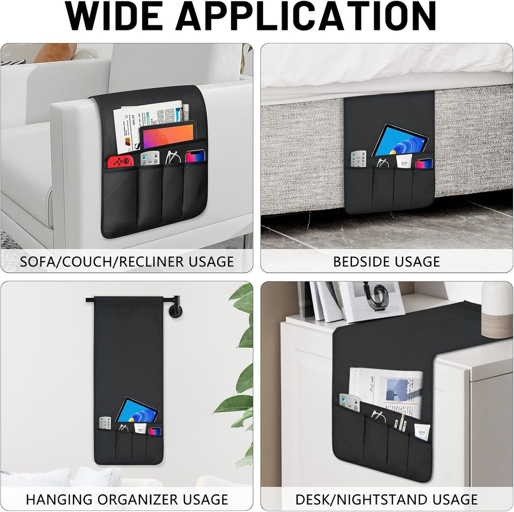 TV Remote Control Holder Couch Caddy, Non-slip Bedside Caddy Organizer with 5 Pockets for Key Glasses Phone Magazine Holders (Black, 35"x12.4")