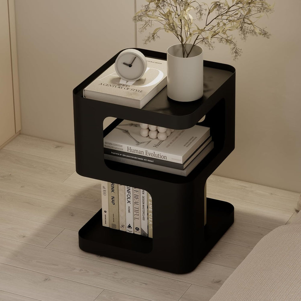 Modern Side Table for Sofa & Couch,Black Metal Bedside Table,3 Tier end T...