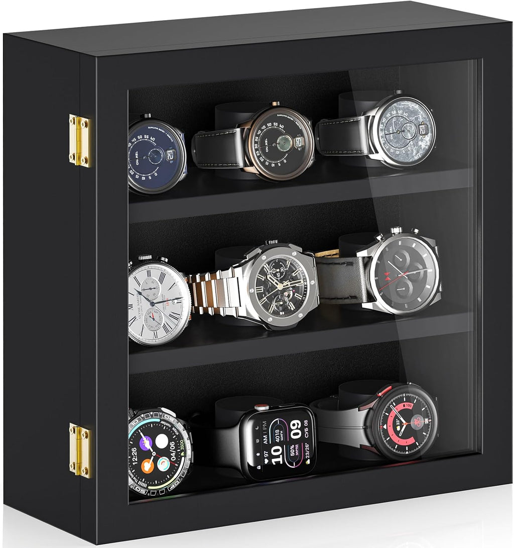 TJ.MOREE 9-Slot Watch Display Case, Wall Mount Wooden Watch Box, Vertical Storage Men’s Watch Box
