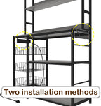 Kitchen Bakers Rack with Baskets and Power Outlet,5-Tier Kitchen Utility Storage Shelf with Hooks, Microwave Oven Stand Rack,Vintage Grey Free Standing Kitchen Shelf