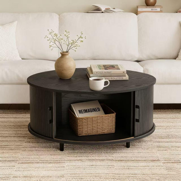 HOMPUS 31.5" Fluted Round Coffee Table with Storage, Black