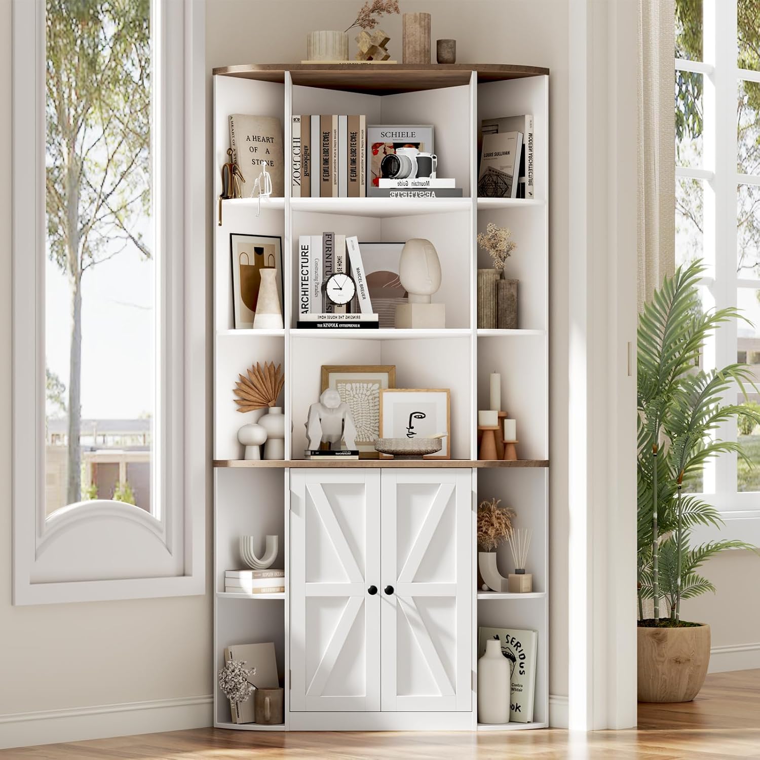 Halitaa Corner Storage Cabinet, 67" White Brown Tall Corner Bookshelf | 67'' Farmhouse Storage Shelf with Bottom Cabinet and Ajustable Shelf for Study, Living Room and Kitchen, White and Brown