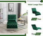 Velvet Chaise Lounge Chair with Toss Pillow, Modern Tufted Button Lounge Chair with Acrylic Legs, Upholstered Indoor Sleeper Chair for Living Room, Bedroom, Emerald Green