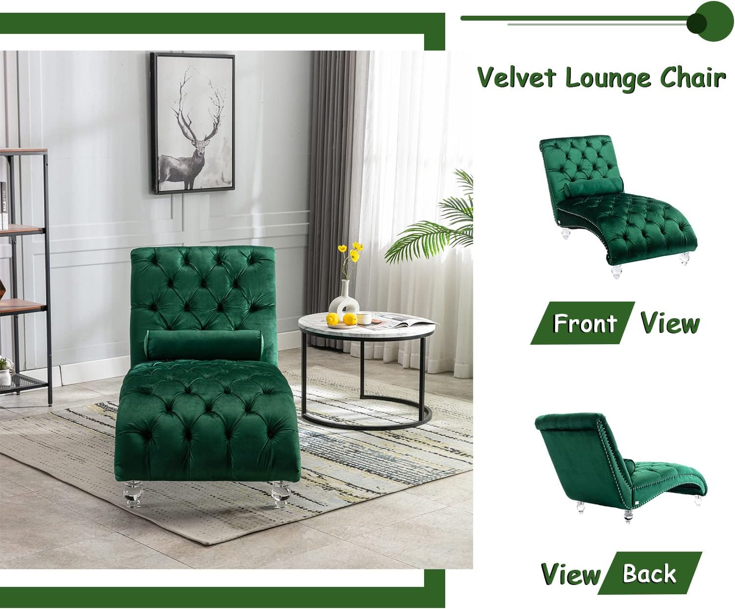 Velvet Chaise Lounge Chair with Toss Pillow, Modern Tufted Button Lounge Chair with Acrylic Legs, Upholstered Indoor Sleeper Chair for Living Room, Bedroom, Emerald Green