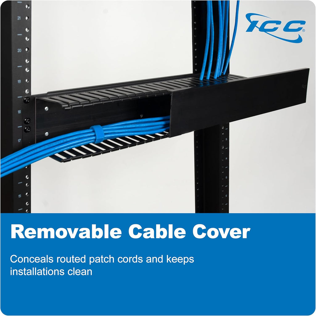 ICC 2U Finger Duct Cable Manager Panel with Cover, Plastic with Metal Back Frame, 5" Depth, Horizontal Cable Management, Rackmount for 19” Network Racks, Black, Single Pack