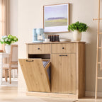 Modern Double Tilt-Out Laundry Hamper Cabinet, 20 Gallon Fluted Trash Can Cabinet with 2 Drawers, Wooden Hidden Garbage Can Cabinets with Laundry Basket, for Bathroom and Kitchen, Natural Oak
