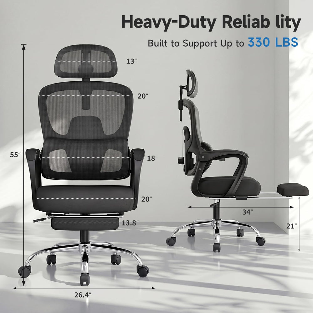 Ergonomic Office Chair with Footrest, 90-145° Reclining Desk Chair with Adjus...