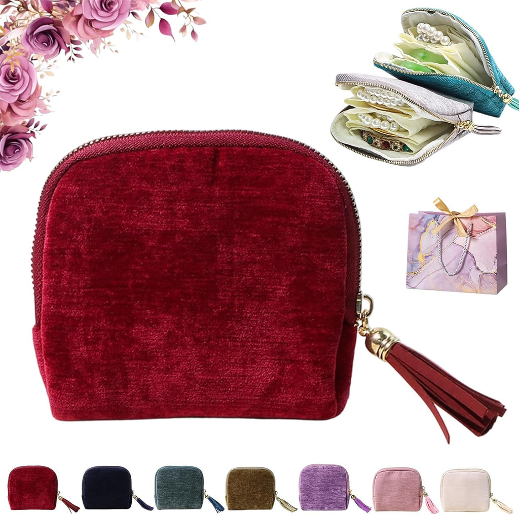 Travel Jewelry Case, Portable Jewelry Storage Bag, Compact Foldable Five Compartments Organizer Pouch with Zipper & Tassel for Earring Necklace Ring Bracelet (Dark red)