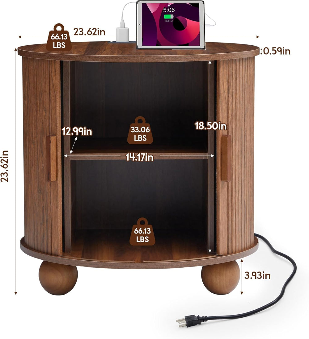AVZEAR 24" Large Round End Table with Charging Station, Farmhouse Fluted...