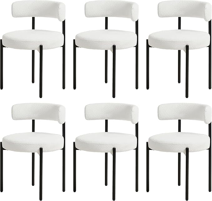 Boucle Dining Chairs Set of 6, White Dining Chairs with Upholstered Seat and Round Back, Mid-Century Modern Kitchen Chairs for Dining Room, Restaurant