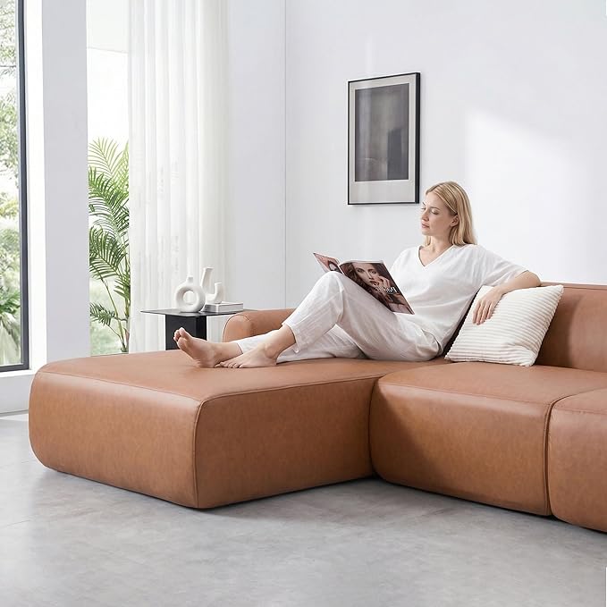 105” Modular Faux Leather Cloud Couch, Deep Seat L-Shaped Sectional with Removable Wipe-Clean Covers and Replaceable Cover Design for Living Room (Orange, 3 Seater+Left Facing Chaise)