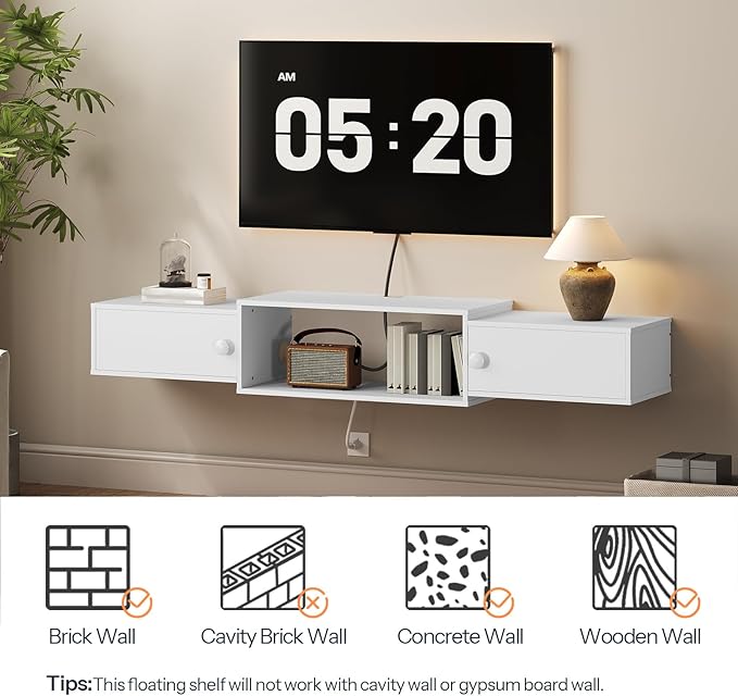 HOOBRO 55" Floating TV Stand with Power Outlet, Modern Wall Mounted Medi...