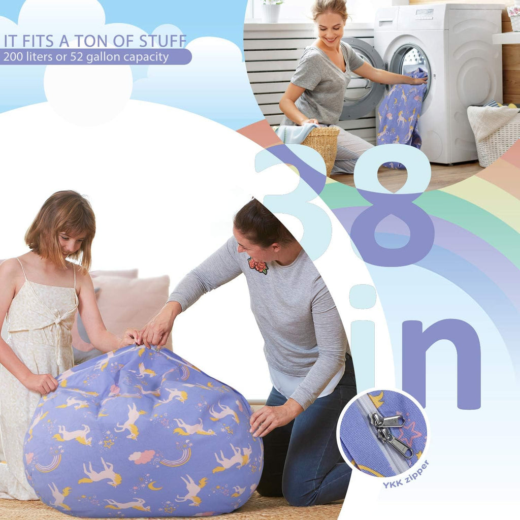 Aubliss Stuffed Animal Bean Bag Storage Chair | (Light Blue Unicorn, Large (38''))