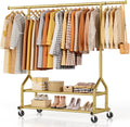 EAGMAK Heavy Duty Clothes Rack Load 556 LBS, Rolling Clothing Rack With Shelves, Height Adjustable Metal Clothes Hanger with Wheels Portable Wardrobe Organizer Garment Rod for Hanging Clothes (Gold)