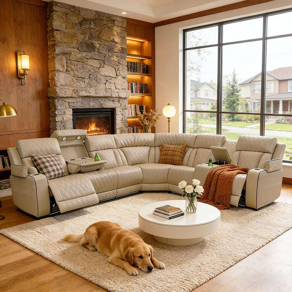Breathing Leather Reclining Sofa Set,Power Recliner Sectional Couch with LED ...