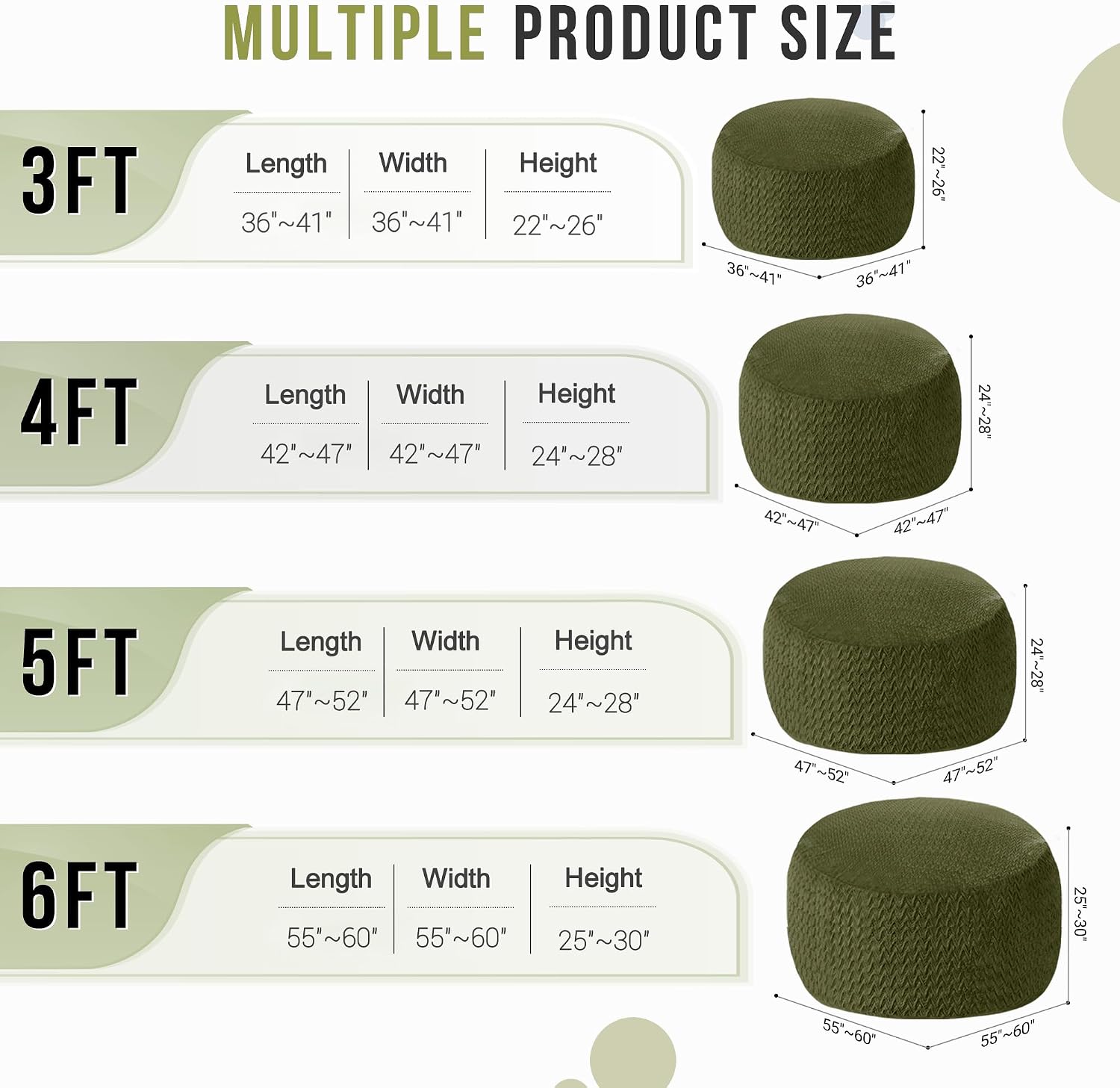 3FT Bean Bag Chair,Giant Bean Bag Chairs for Adults,Big Bean Bags with Memory Foam Filled, Large Beanbag Chairs with Chevron Plush Cover-Green