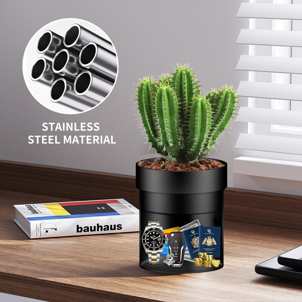 Sdstone Fireresistant Waterproof Flower Pot Diversion Safe with Key Lock,Stainless Steel Secret Hidden Safe,Perfect for Hiding The Valuables Inside (Black) Plants Not Include