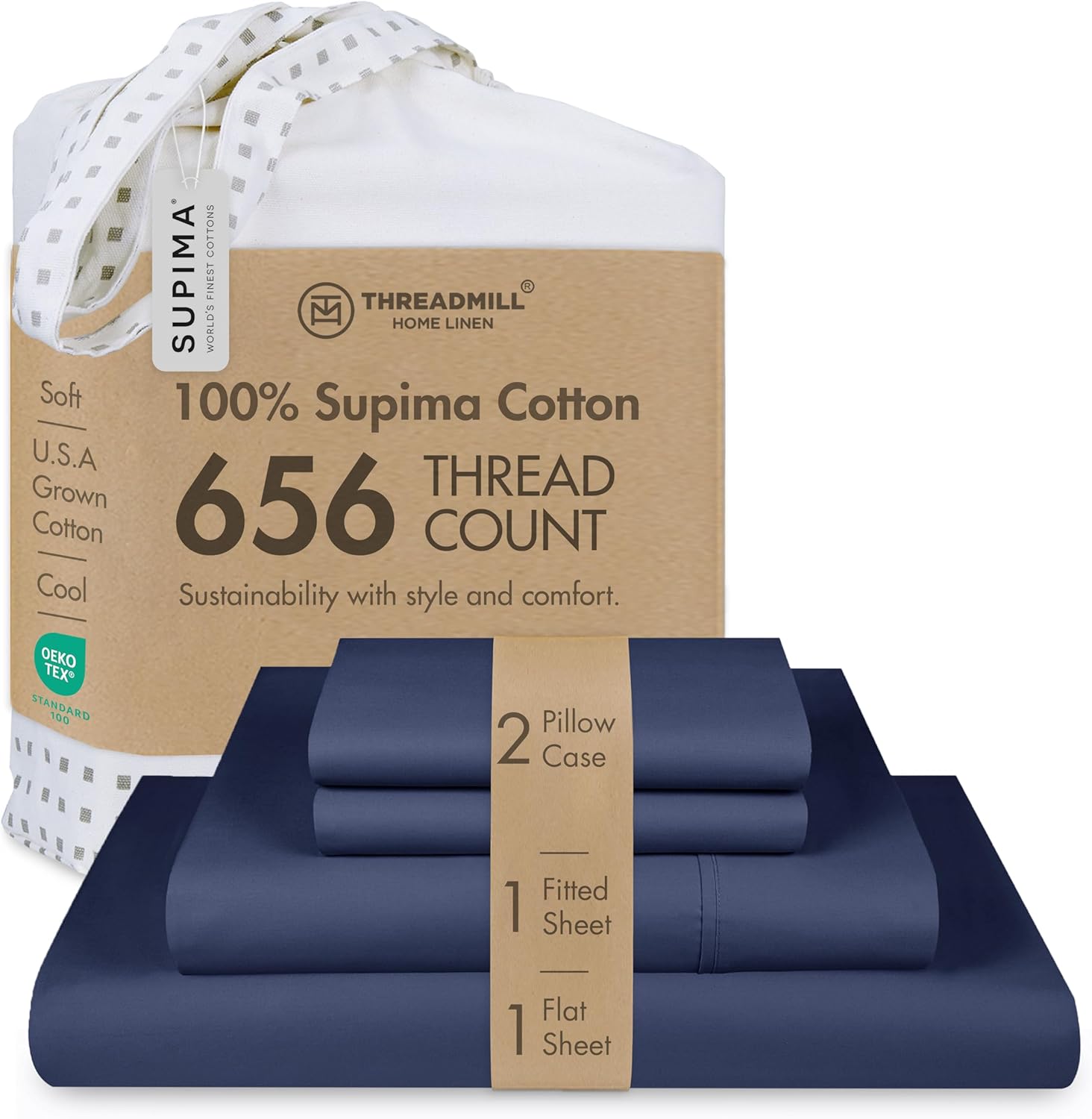 Threadmill American Supima King Size Sheets Set | 656 Thread Count 4 Piece Luxury Bed Sheets for King Size Mattress | 5 Star Hotel Quality Sheets with Elasticized Extra Deep Pocket | Folkstone Blue
