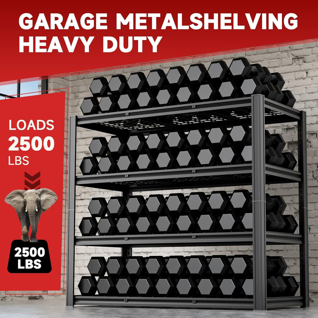 4-Tier 60”W Garage Shelving Heavy Duty 2500LBS Garage Storage Rack 60" W Basement Warehouse Storage Shelves Units Adjustable Metal Shelf for Garages(Black)