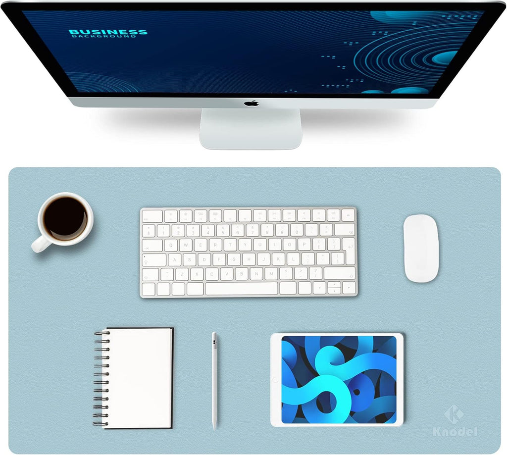 K KNODEL Small Office Leather Desk Mat, Mouse and Keyboard Pad, Computer and Laptop Mat, Desktop Protector and Cover, Writing Pad and Blotter (23.6"x13.8", Light Blue)