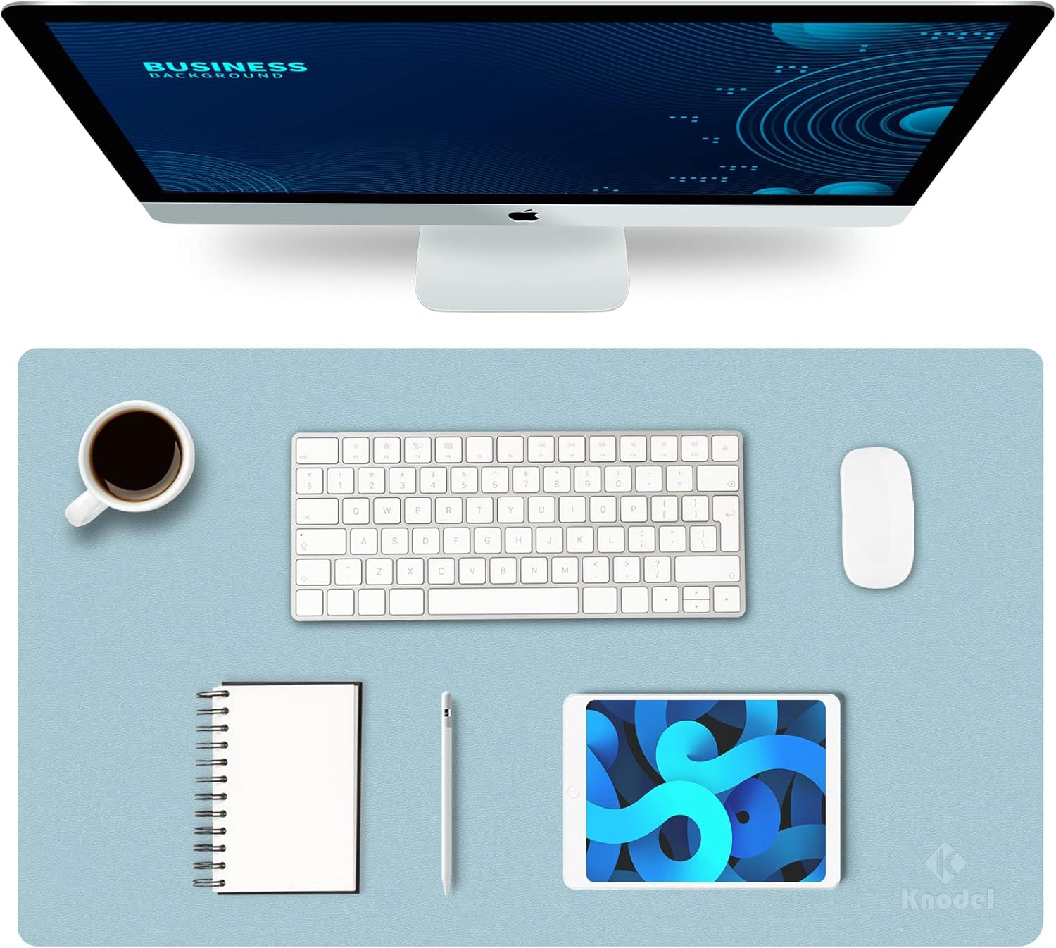 K KNODEL Small Office Leather Desk Mat, Mouse and Keyboard Pad, Computer and Laptop Mat, Desktop Protector and Cover, Writing Pad and Blotter (23.6"x13.8", Light Blue)