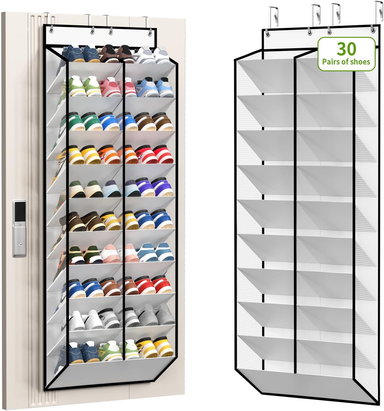 KEEPJOY 20-30 Pairs Over the Door Shoe Organizer, Mesh Hanging Shoe Rack for Door Storage with 20 Wide Deep Pockets,10-Tier White Door Shoe Holder Fits Sneakers, Boots.