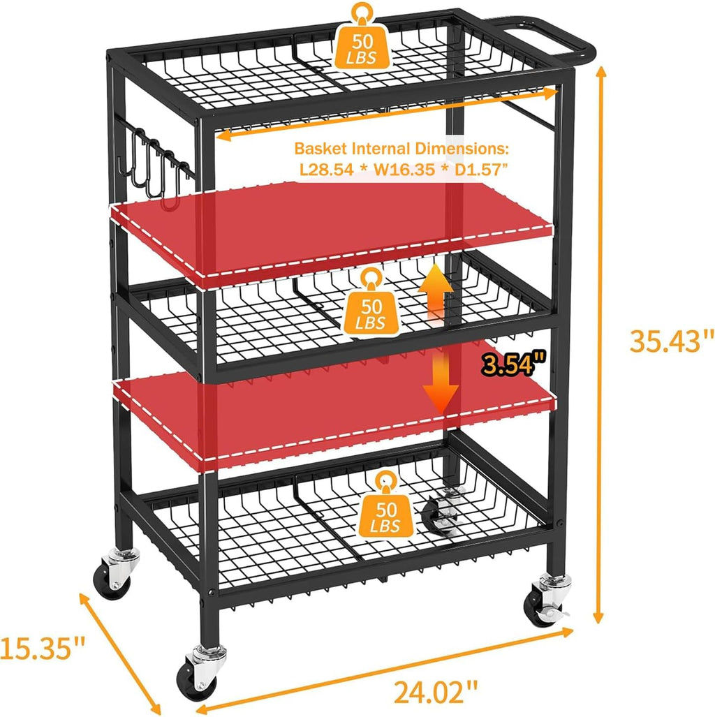 3-Tier Rolling Cart, Space-Saving Kitchen Cart with 150Lbs Capacity, Black Storage Cart with 2 Lockable Wheels for Kitchen Island, Restaurant, Garage, Backyard（No Wooden Boards, Lightweight Version）