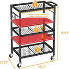 3-Tier Rolling Cart, Space-Saving Kitchen Cart with 150Lbs Capacity, Black Storage Cart with 2 Lockable Wheels for Kitchen Island, Restaurant, Garage, Backyard（No Wooden Boards, Lightweight Version）