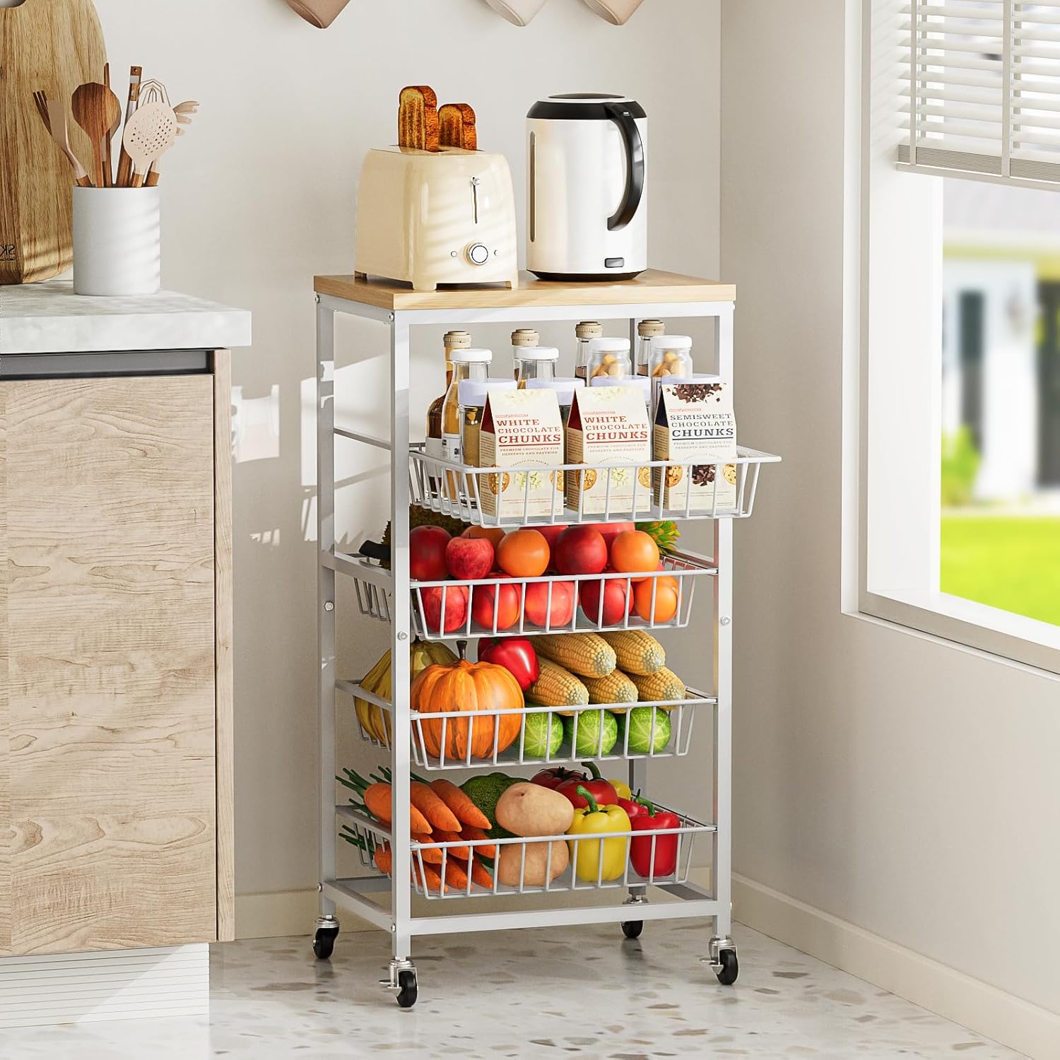 Snack Cart, 5-Tier Kitchen Carts on Wheels with Storage,Fruit Basket Stand with Pull-Out Baskets and Wood Top,Kitchen Organizer for Fruit Vegetable Snack (Oak Beige)
