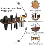 Hair Tool Organizer Wall Mounted - Wooden Dryer Holder, Blow Dryer Holder for Bathroom, Rustic Styling Tools Organizer for Flat Iron, Curling Wand, Hair Straighteners, Brushes, Brown