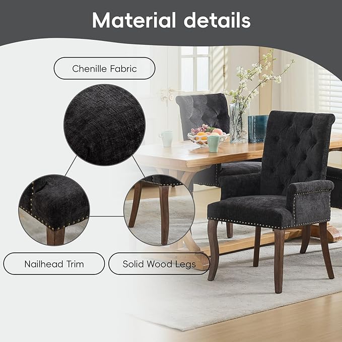 Upholstered Tufted Chenille Dining Chairs with Arms & Nailhead Trim – Solid Wood Frame & Legs, Modern Farmhouse for Dining, Kitchen & Living Room (Set of 1, Charcoal Gray)