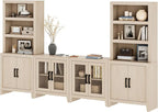 WAMPAT Entertainment Center with Bookshelves, 4-Piece Modular TV Stand with Storage Towers, Farmhouse Media Console with Glass Doors for Living Room, Bedroom, Beige